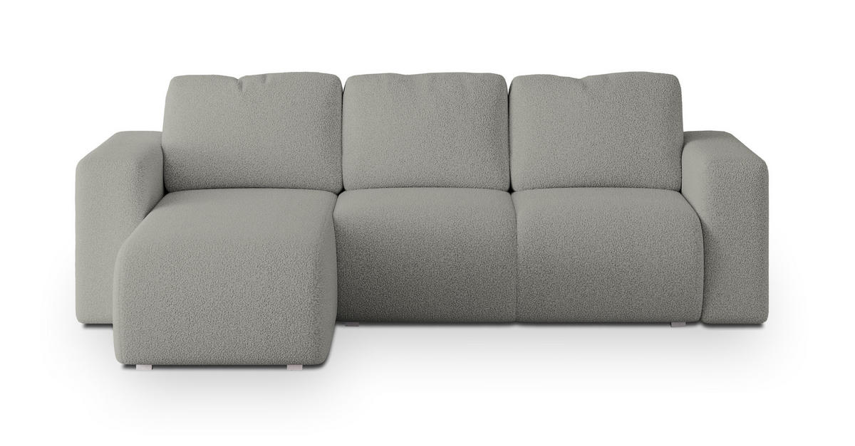 ECKSOFA RINOVA Hellgrau Boucle-Stoff mit Schlaffunktion - Hellgrau, Holz (250/143cm) - MASSENO
