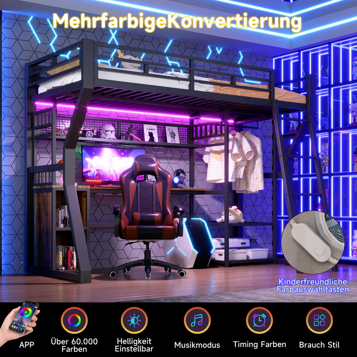 HOCHBETT 90/200 cm aus Metall und MDF mit Schreibtisch, Lichtleiste und Kleiderstange Schwarz - Schwarz, Holzwerkstoff (90/200cm) - Modenvie