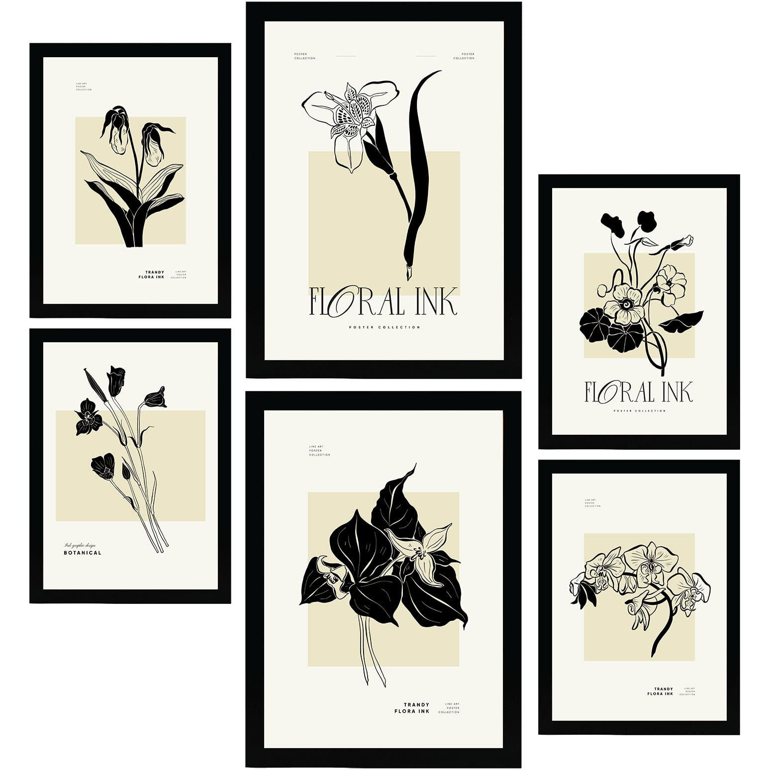 POSTER Set Mit 6 In Schwarzer Tinte Tropische Orchideen A3 & A4 Schwarzer Rahmen - Schwarz, Papier (29/3cm) - Nacnic