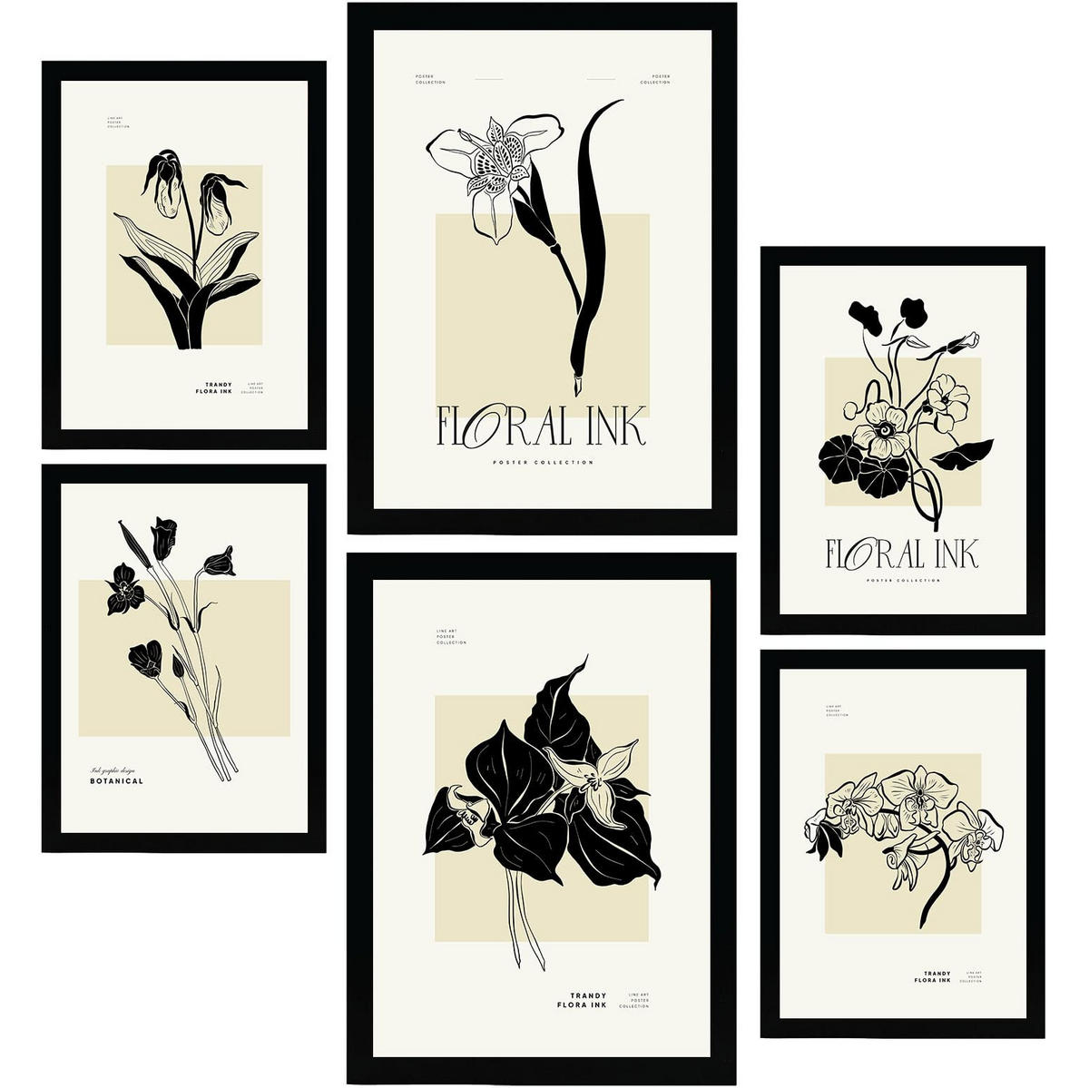 POSTER Set Mit 6 In Schwarzer Tinte Tropische Orchideen A3 & A4 Rahmenlos - Klar, Papier (29/3cm) - Nacnic