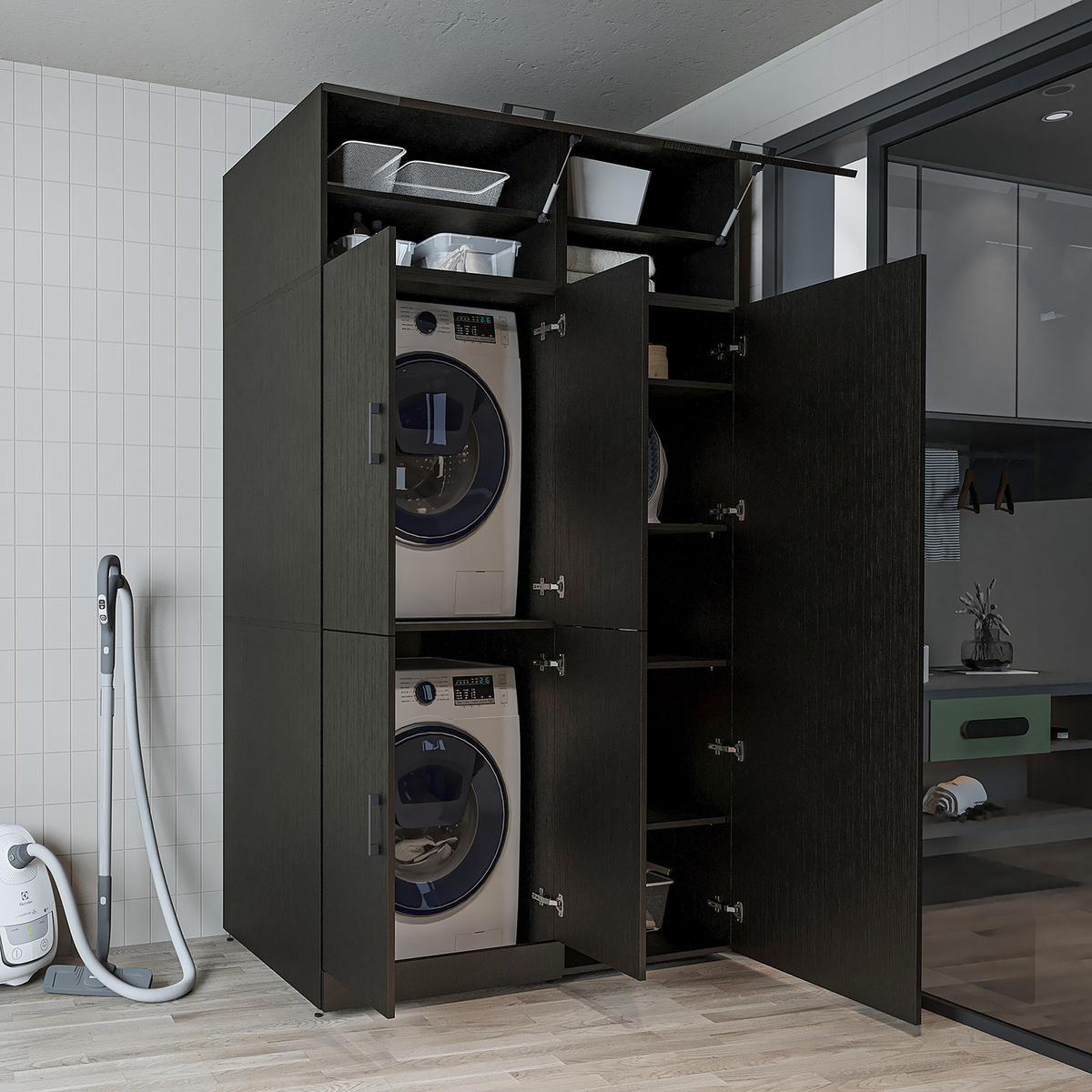 WASCHMASCHINENSCHRANK DORA-II 130cm Breit, 230cm Hoch - Schwarz, Holzwerkstoff (130/230/73.8cm)