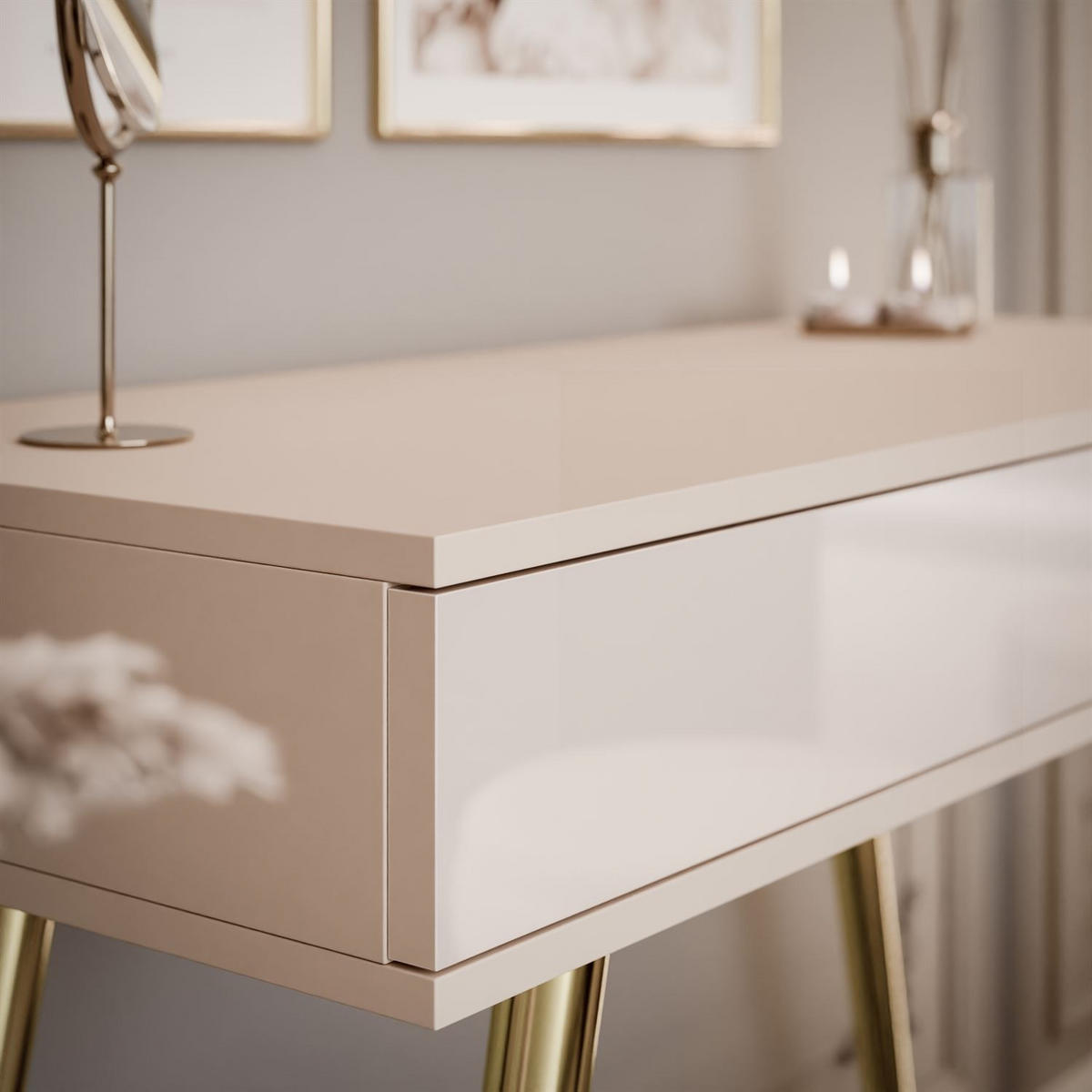 KONSOLE SIENNA KASCHMIR auf schrägen goldenen Beinen PUSH OPEN - Kaschmir, Holzwerkstoff (100/81/42cm) - Lookway