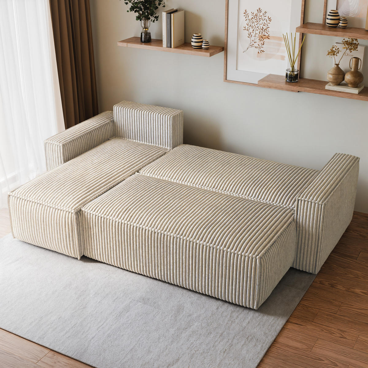 ECKSOFA RAVELO T Creme Kordstoff mit Schlaffunktion - Creme, Holz (240/140cm) - MASSENO