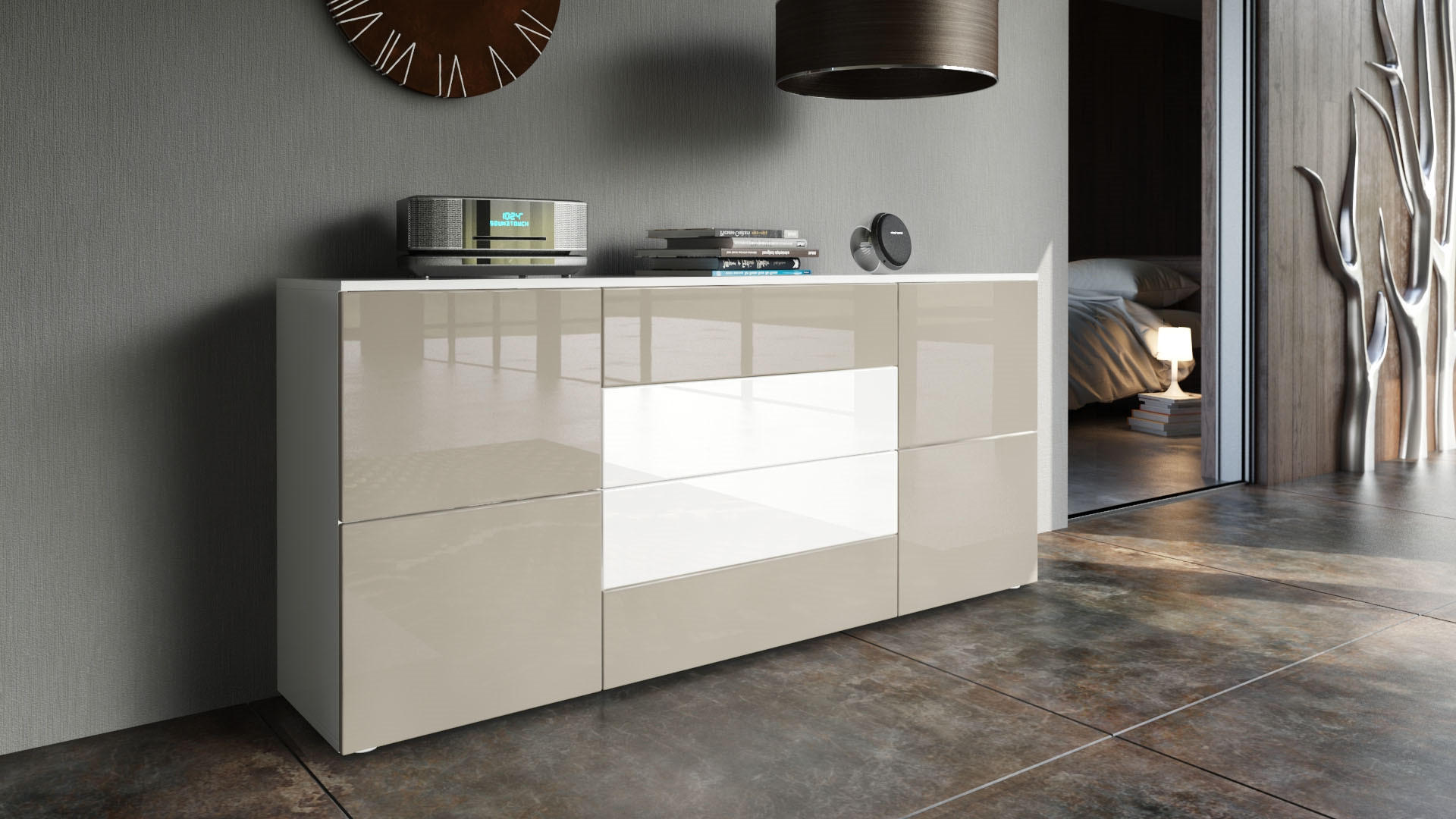 SIDEBOARD Rova Sandgrau Hochglanz / Weiß Hochglanz - Sandfarben, Holzwerkstoff (166/72/35cm) - Vladon