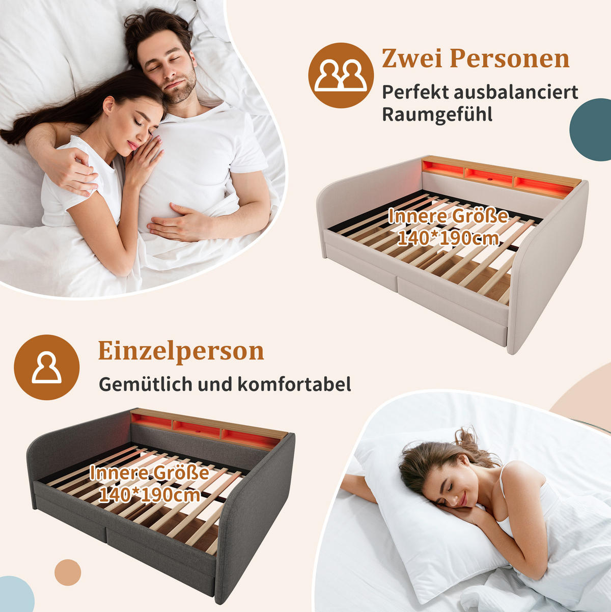 ČALOUNĚNÁ postel 140/190 cm, světle béžová, len, LED osvětlení a USB-C - béžová, textil (140/190cm) - BEAOK