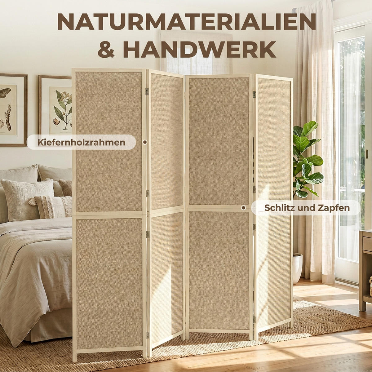 PARAVENT Bambus Kiefernholz Naturholz - Naturfarben, Naturmaterialen/Holz (1.7/180/180cm) - HOMCOM