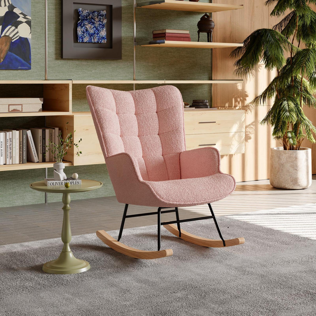 SCHAUKELSTUHL Teddy Comfort mit quadratisch gesteppter Rückenlehne, Teddy-Fleece Rosa - Pink, Textil (68/92/75cm) - DELFA
