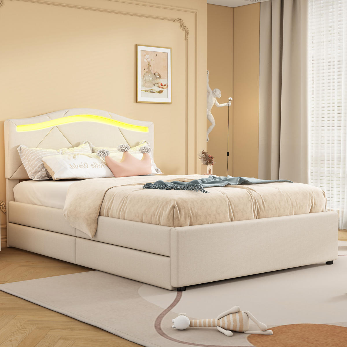 POLSTERBETT 90x200cm Beige Leinen Fernbedienung 2 Schubladen Kopfteil - Beige, Holz (90/200cm) - FLIEKS