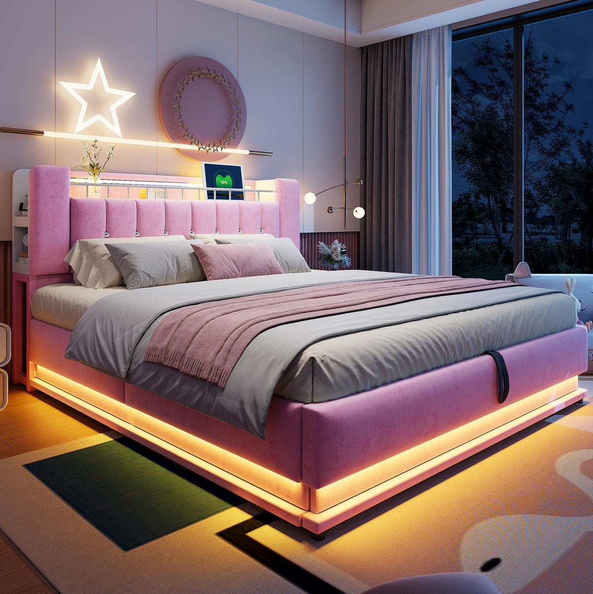 POLSTERBETT aus Samt 180x200 cm Rosa mit LED-Beleuchtung, USB-Anschlüssen und hydraulischem Stauraum - Rosa, Textil (180/200cm) - IVMEU