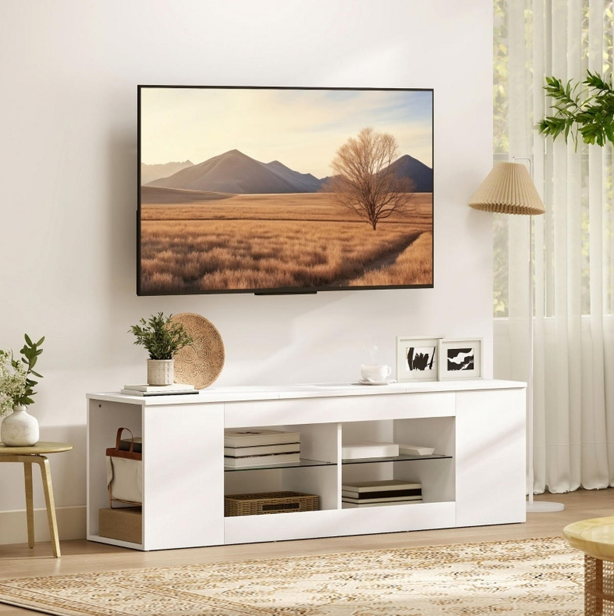 TV ormarić 140 cm bijeli od iverice i stakla sa 6 pretinaca - bijela, staklo (140/42.5/35cm) - OKWISH