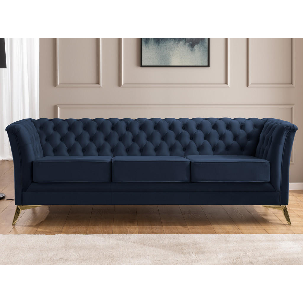 Thumbnail - S-Style Möbel Chesterfield-Sofa, Dunkelblau, Textil, Echtholz,Birke, Buche, 3-Sitzer, Füllung: Polyetherschaumkern, 237x...