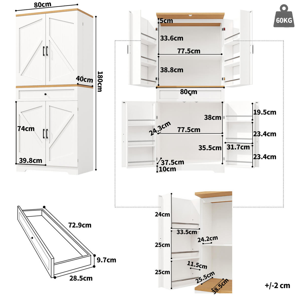KÜCHENSCHRANK mit Schubladen 80x40x180 cm Weiß - Weiß, Holzwerkstoff (40/180/80cm) - Meubliv