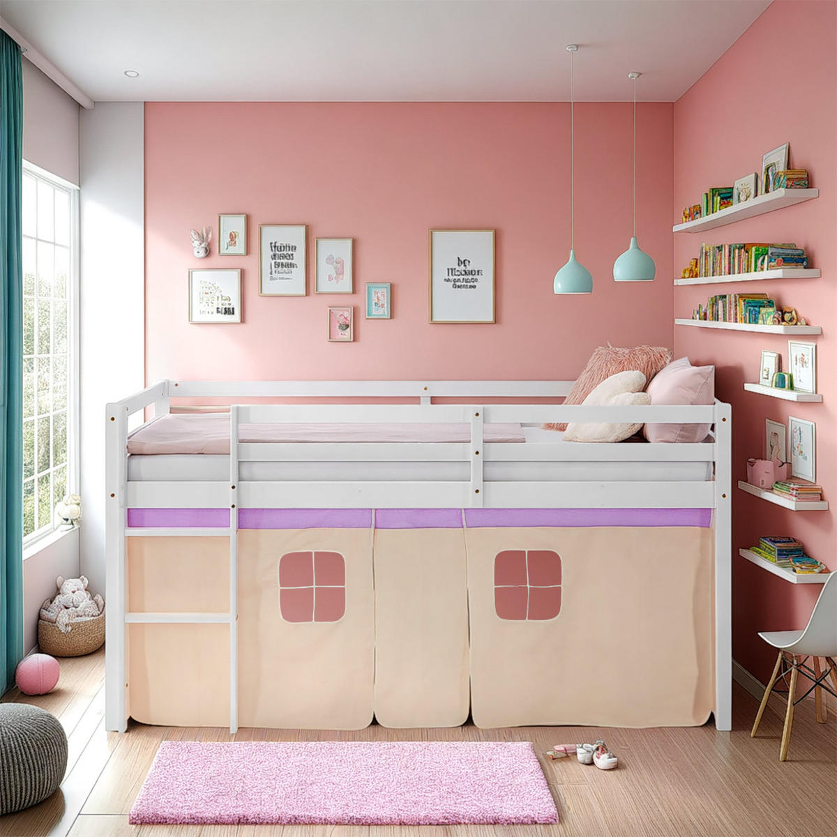 HOCHBETT 90/200 cm in weiß Bettvorhang peach - Lila/Weiß, Holz - Homestyle4u