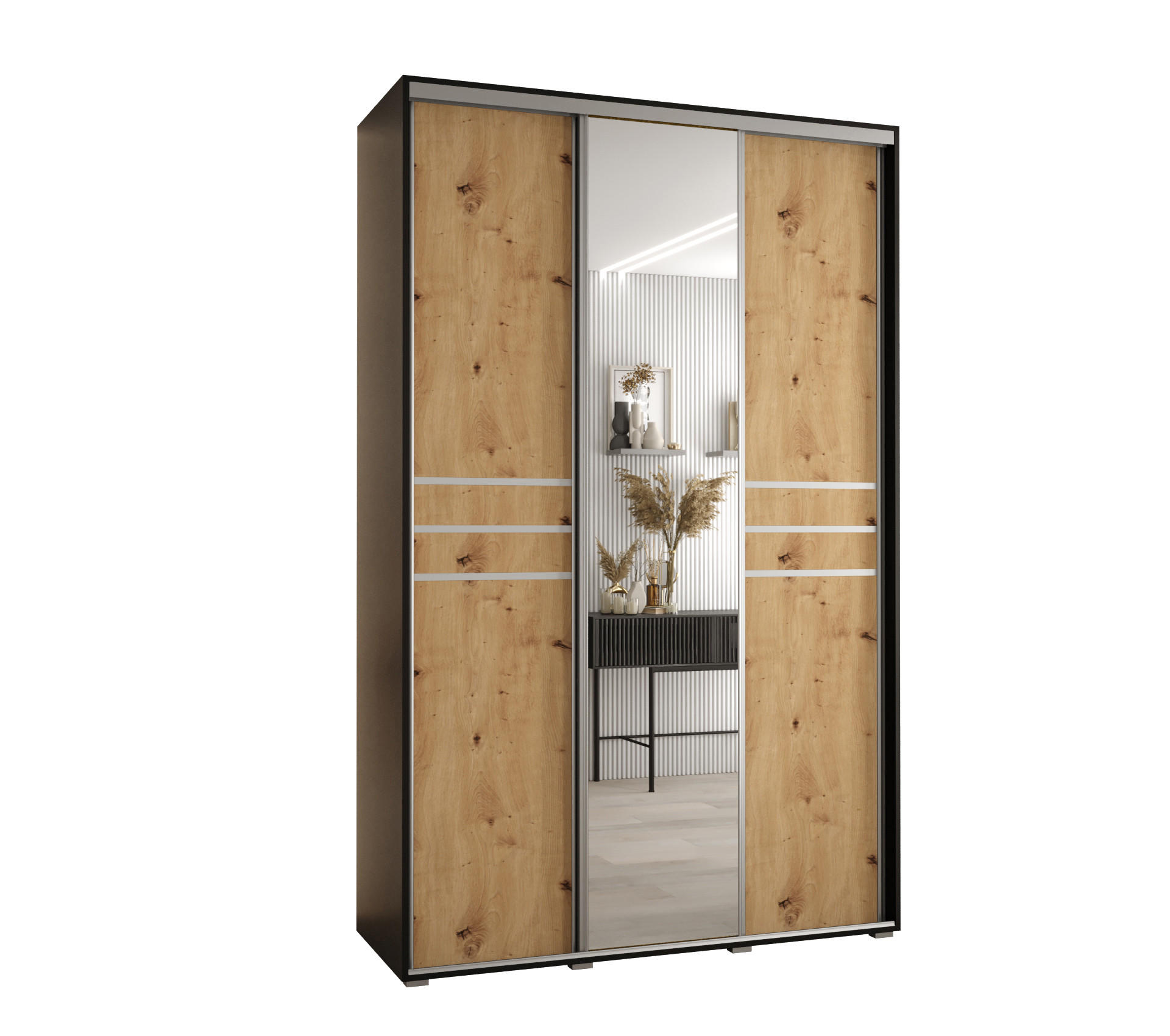 Abiks Möbel Schwebetürenschrank Schwarz, Eiche Artisan, Silber 150x235x60 cm