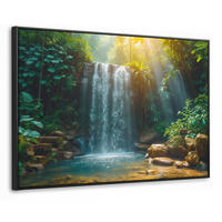 LEINWAND Bilder mit Rahmen - Wasserfall - Dschungel - Sonne - Grün - Natur - 120x80 - Grün, Textil (120/80cm) - MuchoWow