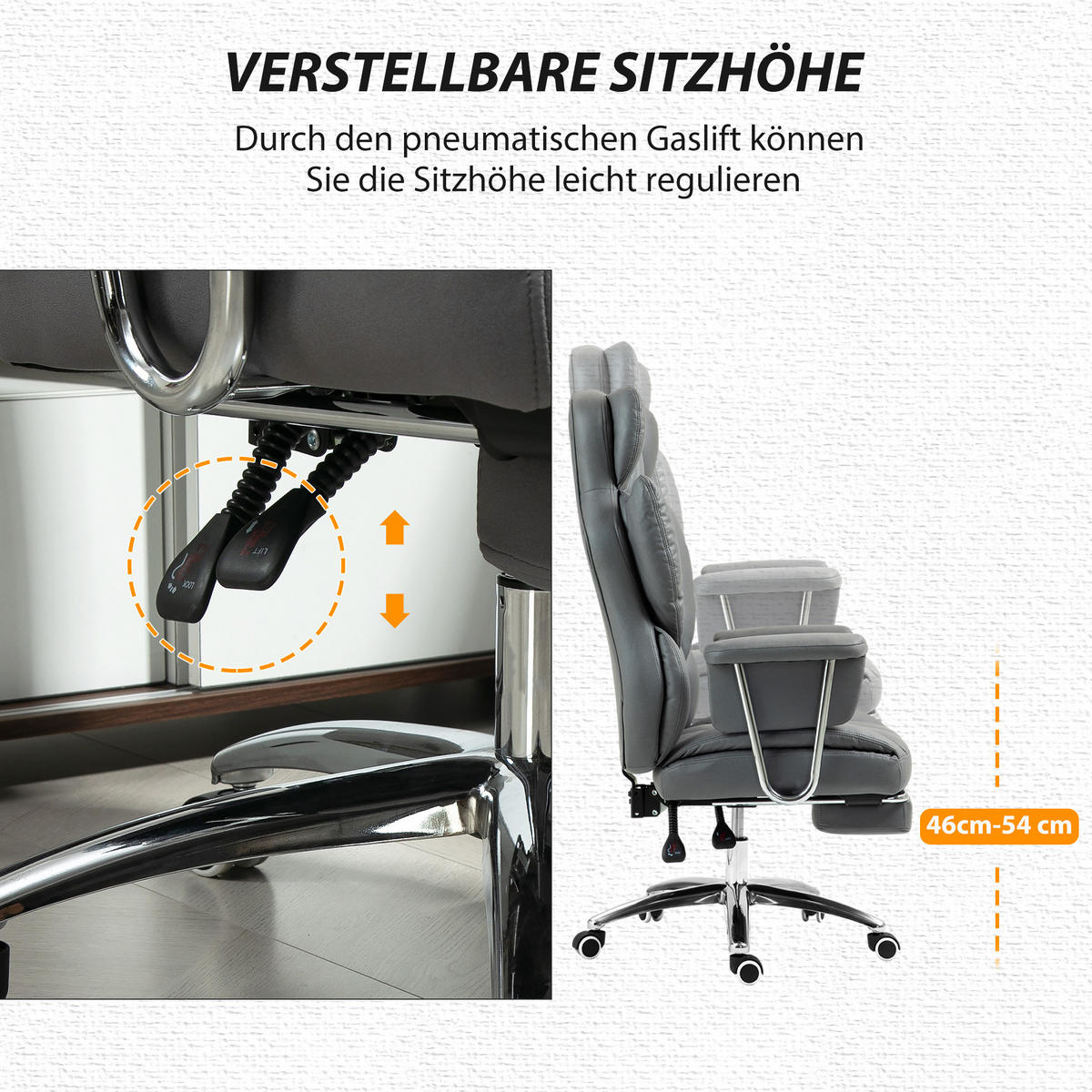 BÜROSTUHL mit Liegefunktion, ergonomisch Schreibtischstuhl, Drehstuhl Dunkelgrau - Chromfarben/Dunkelgrau, Textil/Metall (65/128/74cm) - HOMCOM