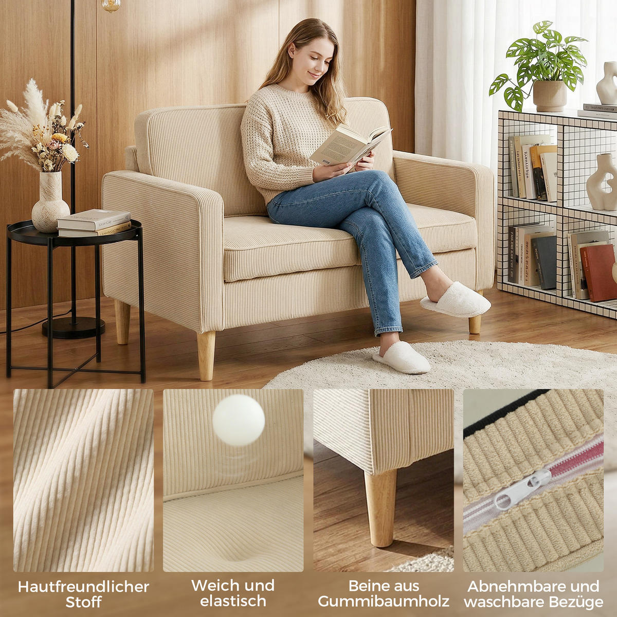 SOFA Polyester Beige - Beige/Naturfarben, Holz/Textil (63/79/117cm) - HOMCOM