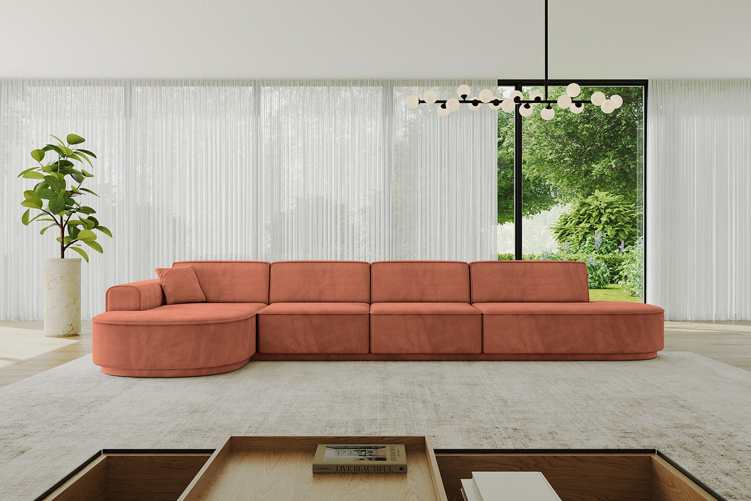 ECKSOFA Ottomane Links MARI-L3-v3 - 413x171x83 cm Koralle Velours - Koralle/Schwarz, Holzwerkstoff/Kunststoff (413/171cm) - ALTDECOR