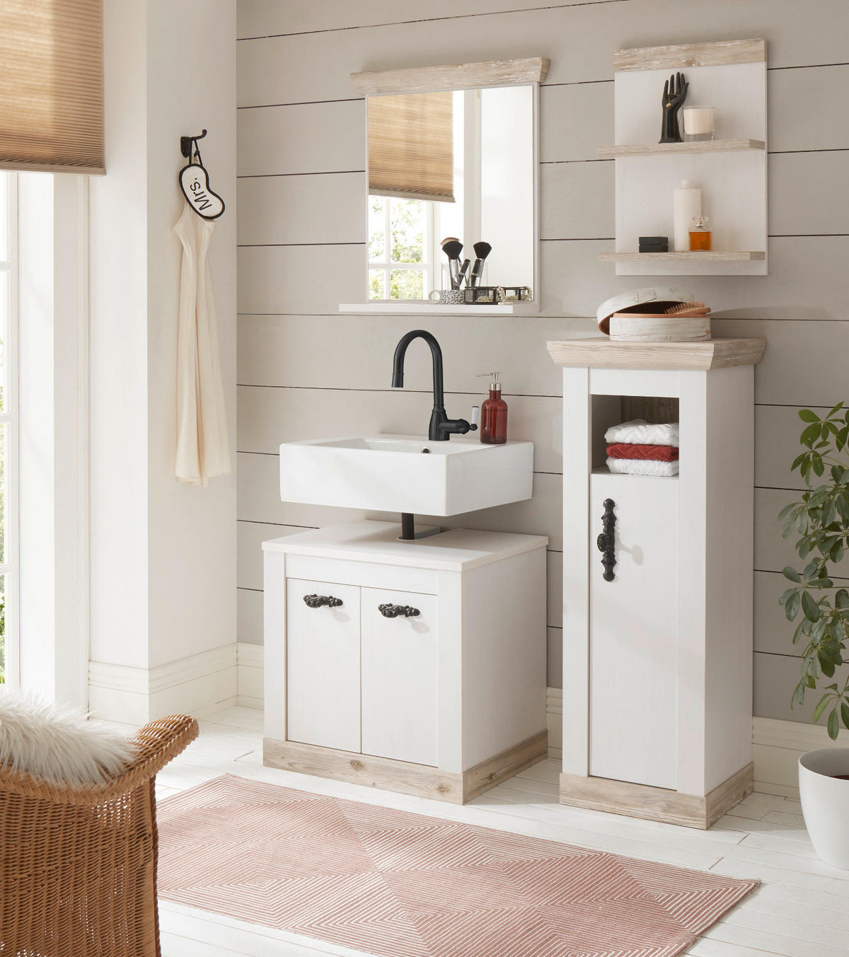 BADKOMBINATION Pinie weiß, Oslo Pinie Landhaus, Badmöbel Set 4-tlg., 122 x 200 cm - Dunkelgrau/Weiß, Holzwerkstoff/Metall (122/200/46cm) - Furn.Design