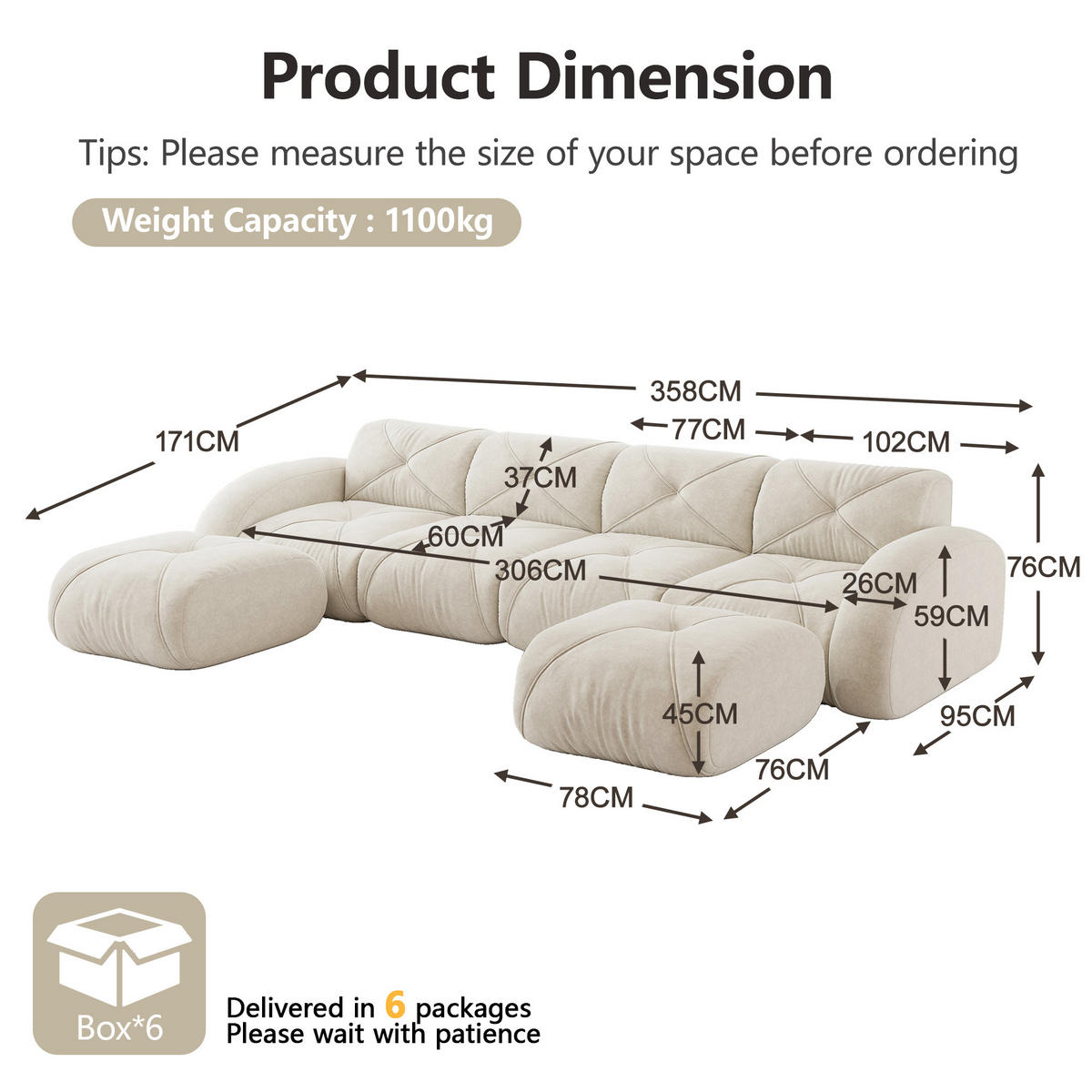 WOHNLANDSCHAFT Chenille Hellbeige mit 2 Hocker - Weiß, Textil (358/76/171cm) - WISHDOR