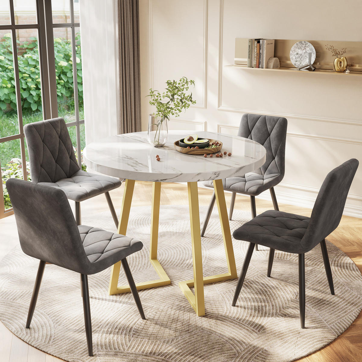 ESSTISCH, MDF mit Marmor-Muster & Metallgestell, Ø 80/75 cm, Weiß - Goldfarben, Holzwerkstoff (80/80/75cm) - Redom