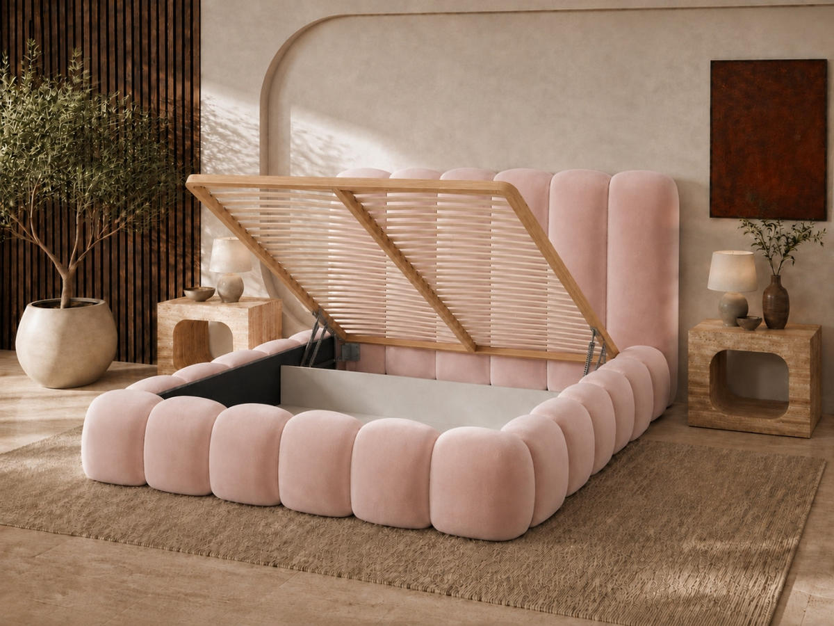 POLSTERBETT MELLOW 140x200 cm in Rosa, gepolstertes Kopfteil, Lattenrost, Bettkasten, Velvet-Stoff - Pink, Holz/Textil (140/200cm) - EMLAR Home
