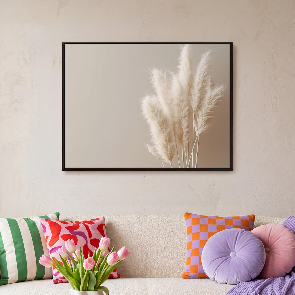 LEINWAND Bilder mit Rahmen - Pampasgras - Federn - Pastell - Weiß - 80x60 - Naturfarben, Textil (80/60cm) - MuchoWow