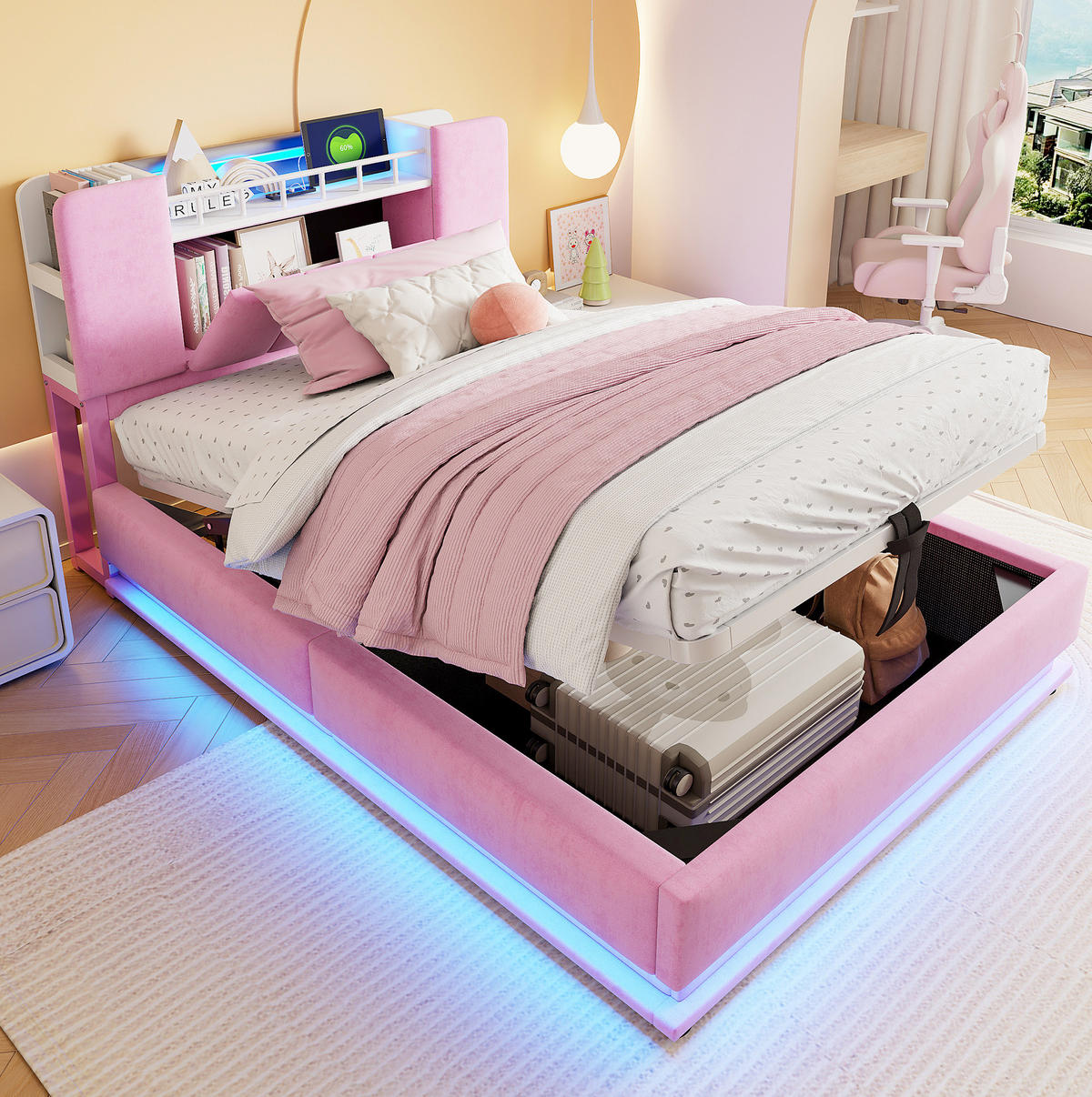 KINDERBETT mit LED, USB und Stauraum 90x200 cm Rosa - Pink, Metall (90/200cm) - Meubliv
