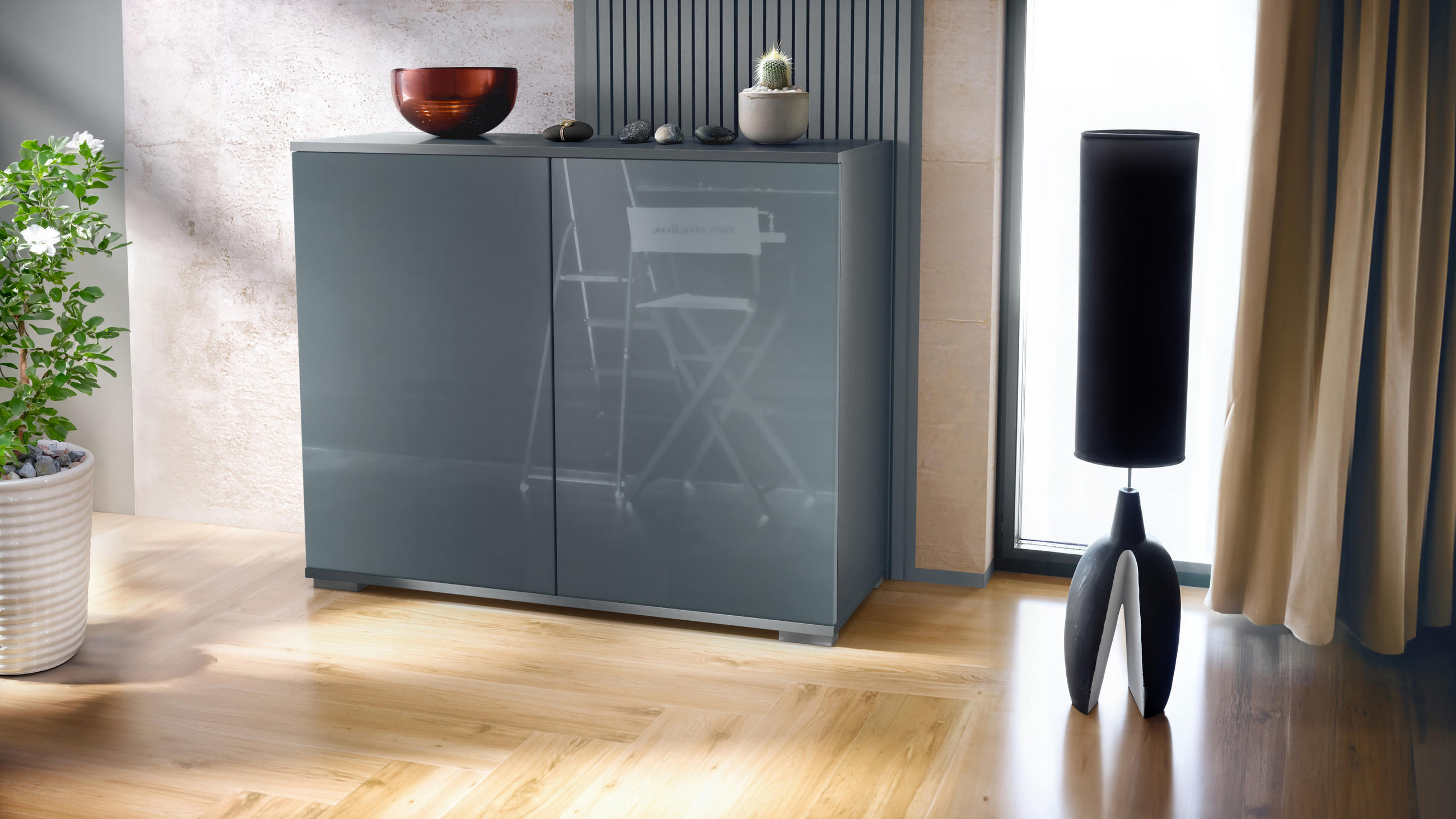 KOMMODE Skadu Grau Hochglanz - Grau, Holzwerkstoff (92.5/75.5/35cm) - Vladon