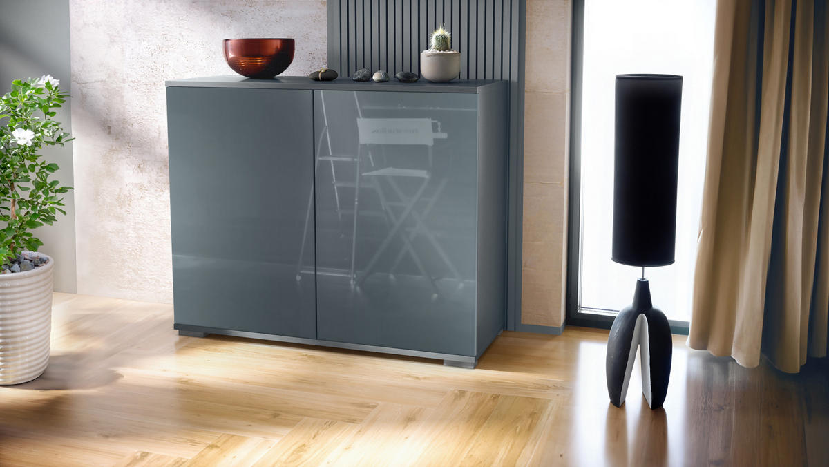 KOMMODE Skadu Grau Hochglanz - Grau, Holzwerkstoff (92.5/75.5/35cm) - Vladon