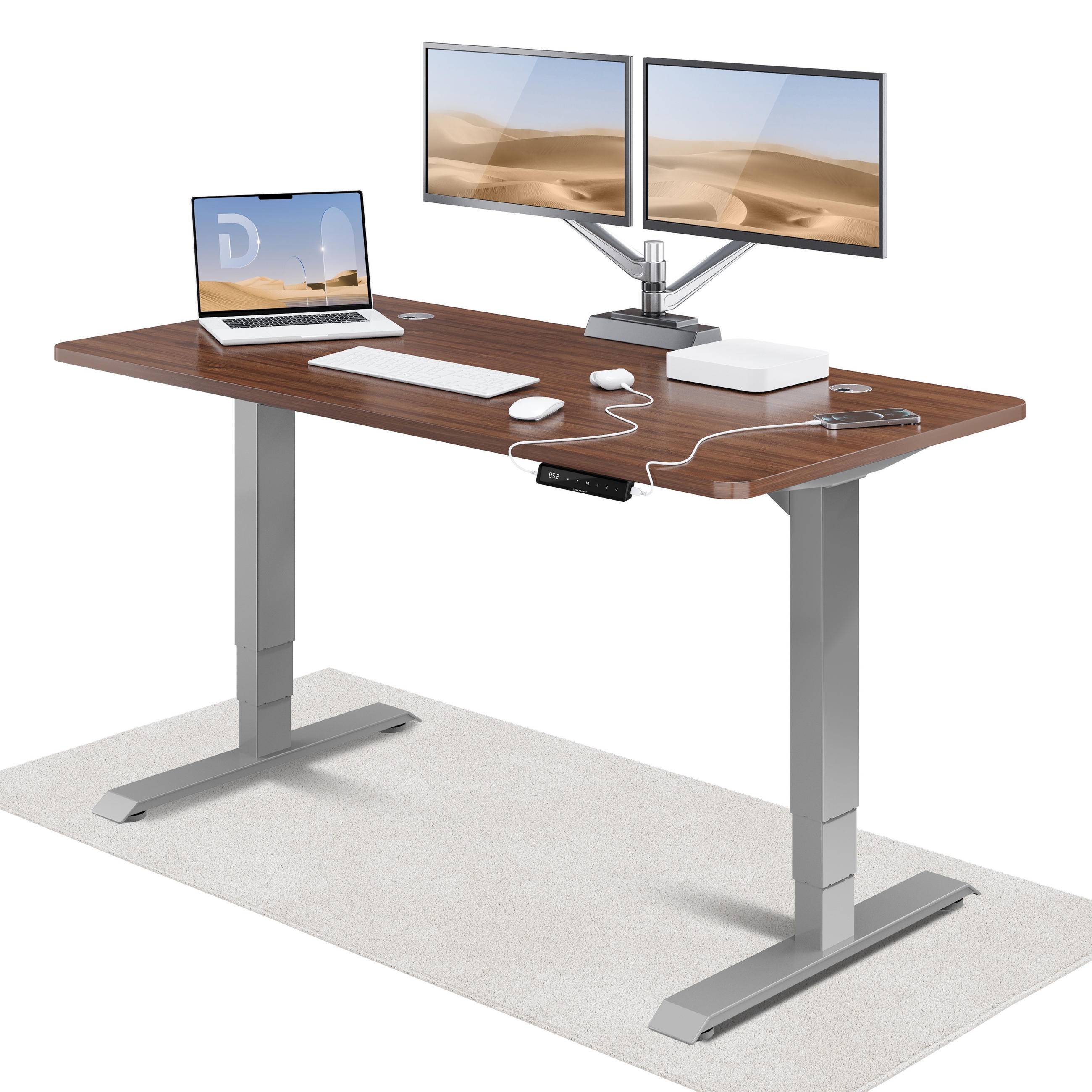 SCHREIBTISCH Elektrisch Höhenverstellbarer HomePro 160x80cm Grau/Walnuss mit Memory-Funktion, Anti-Kollisions Technologie - Walnussfarben/Grau, Holzwerkstoff (80/160/62cm) - Desktronic