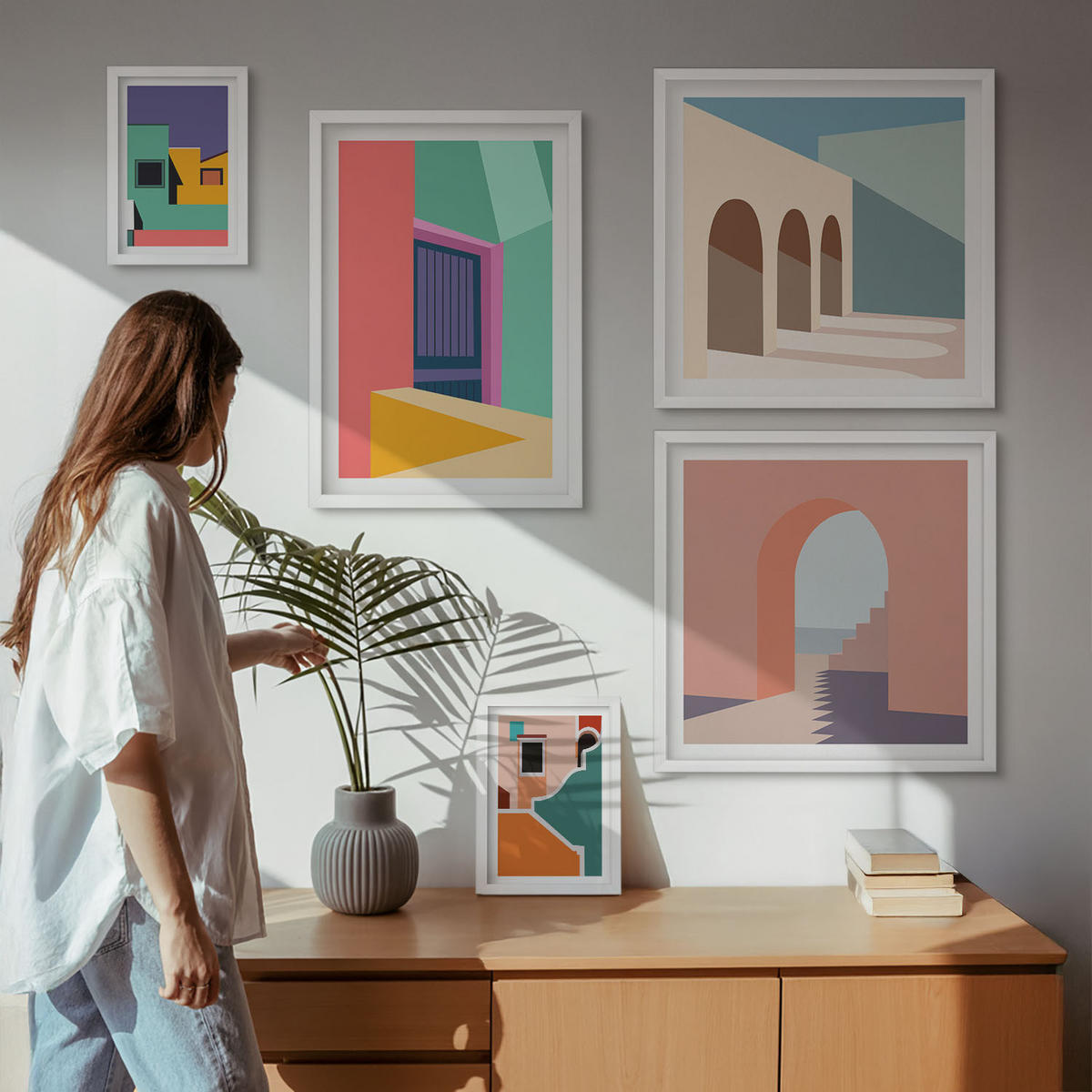 WANDBILDER 5er-Set - 50x50 cm & 20x30 cm & 40x60 cm Weißer Rahmen - Farbenfrohe Illustrationen der Stadt - Weiß, Kunststoff (40/60cm) - ArtPrintCave