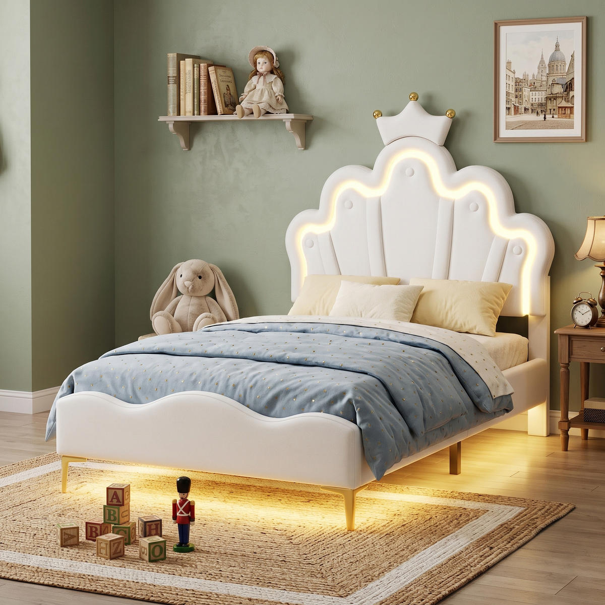 ČALOUNĚNÁ POSTEL 90x200 cm, princeznovský design, PU kůže s LED - bílá, kůže (90/200cm) - Urban Meuble