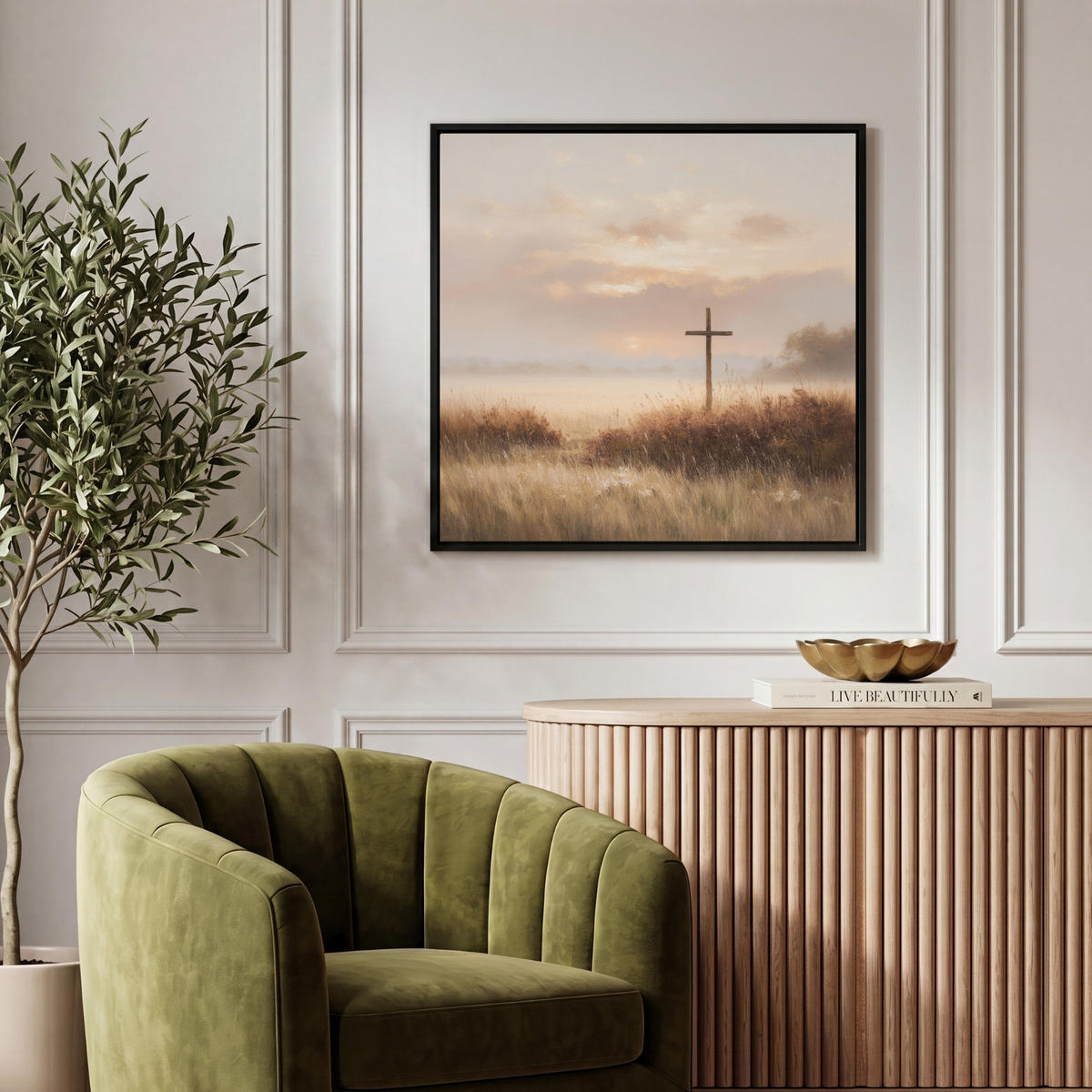 LEINWAND Bilder mit Rahmen - Gras - Morgennebel - Kreuz - Christentum - 50x50 - Beige, Textil (50/50cm) - MuchoWow
