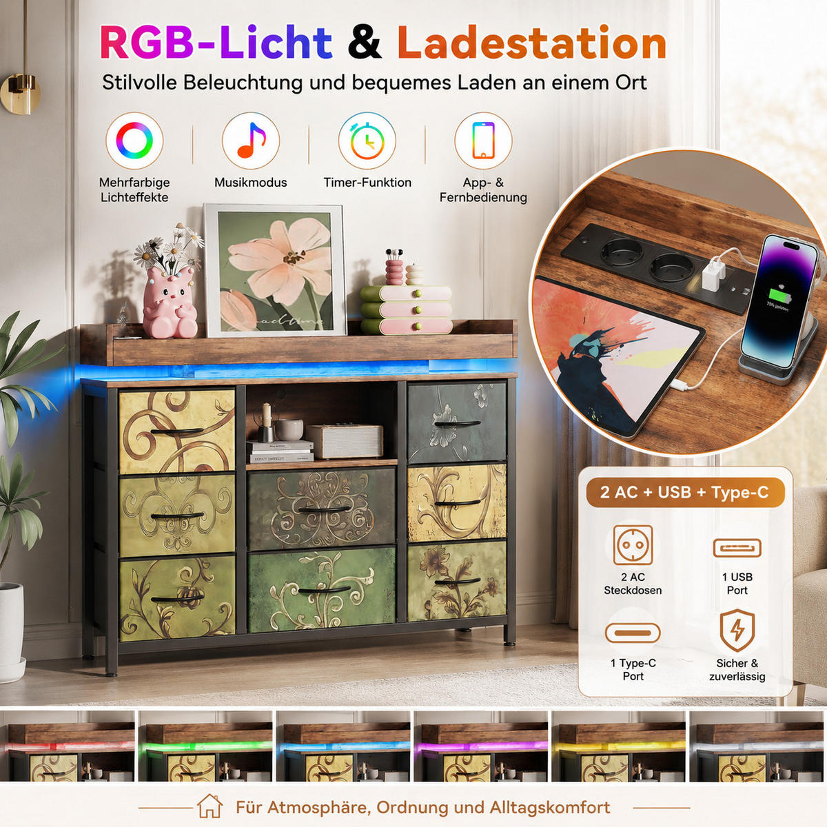 KOMMODE Vintage‑Blumen‑Design Stauraumschrank mit LED‑Beleuchtung 30/108/82 cm - Multicolor, Holz (108/82/30cm) - Joyfair