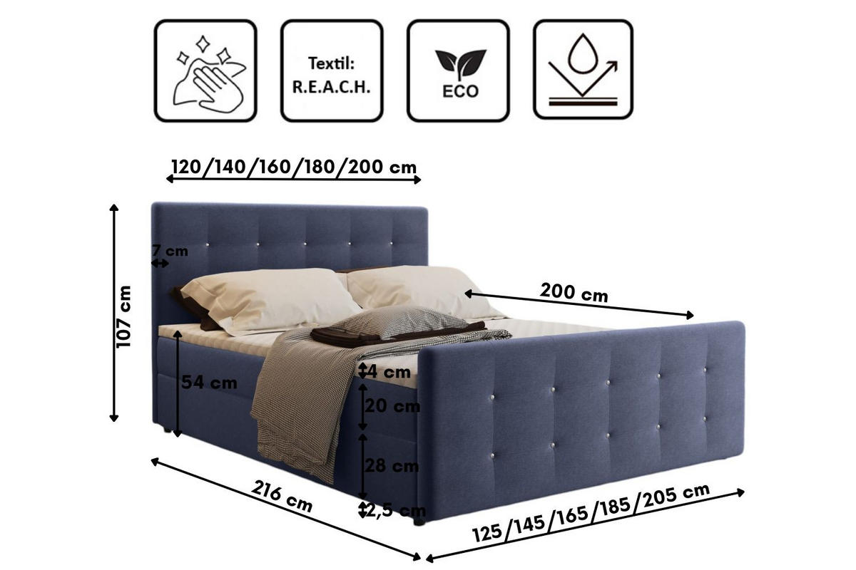 BOXBETT Mit Bettkasten Matratze Topper AMOR Marineblau 200x200 cm H2-Pocket - Schwarz/Dunkelblau, Holz/Holzwerkstoff (200/200cm) - Kaiser Möbel