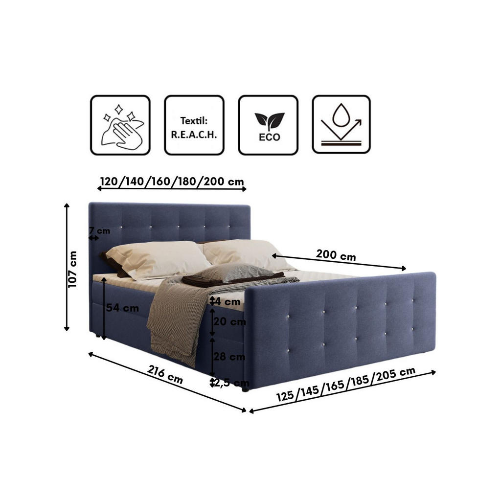 Thumbnail - Kaiser Möbel Boxbett, Dunkelblau, Textil, H3, Höhe ca. 20 cm, 180x200 cm, Oeko-Tex® Standard 100, Schlafzimmer, Betten, ...