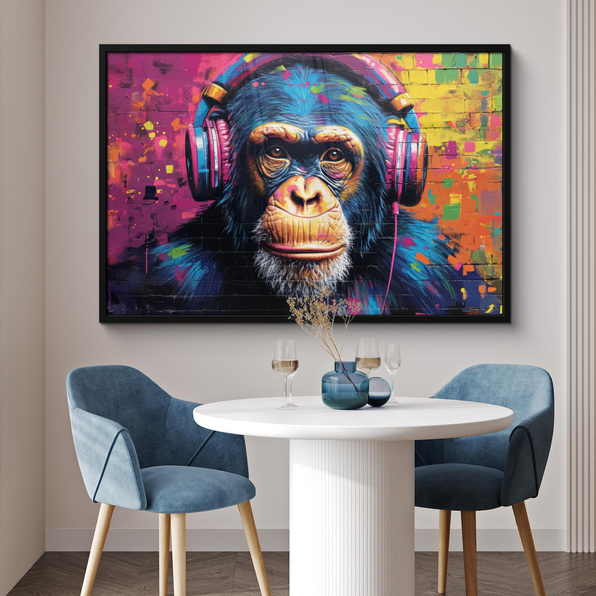 POSTER MIT RAHMEN Graffiti - Schimpanse - Straßenkunst - Kopfhörer - Affe 120x80 cm - Blau, Papier (120/80cm) - MuchoWow