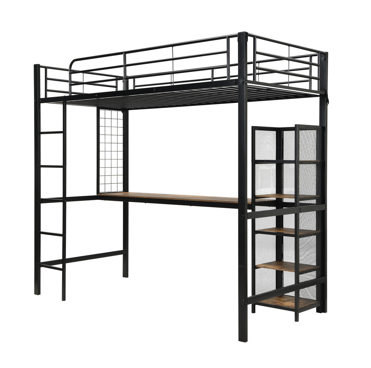 HOCHBETT 90/200 cm aus Metall und MDF mit Schreibtisch, 5-stufigem Regalschrank und Metallgitter, Schwarz/Dunkle Holzfarbe - Schwarz, Holzwerkstoff (90/200cm) - Redom