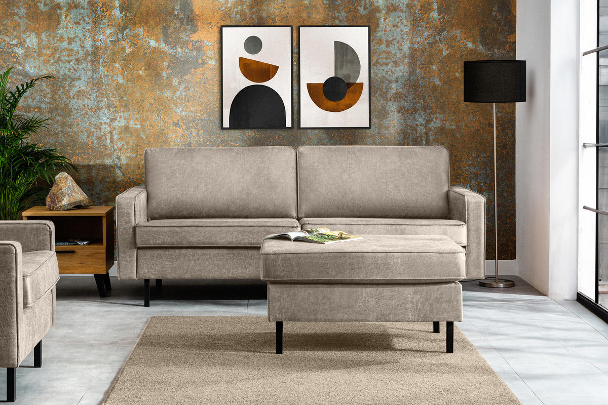 3-SITZER-SOFA INVIA Klassische-Stil mit Armlehnen, Lederoptik-Stoff, hellgrau - Hellgrau/Schwarz, Textil (209/87/98cm) - KONSIMO®