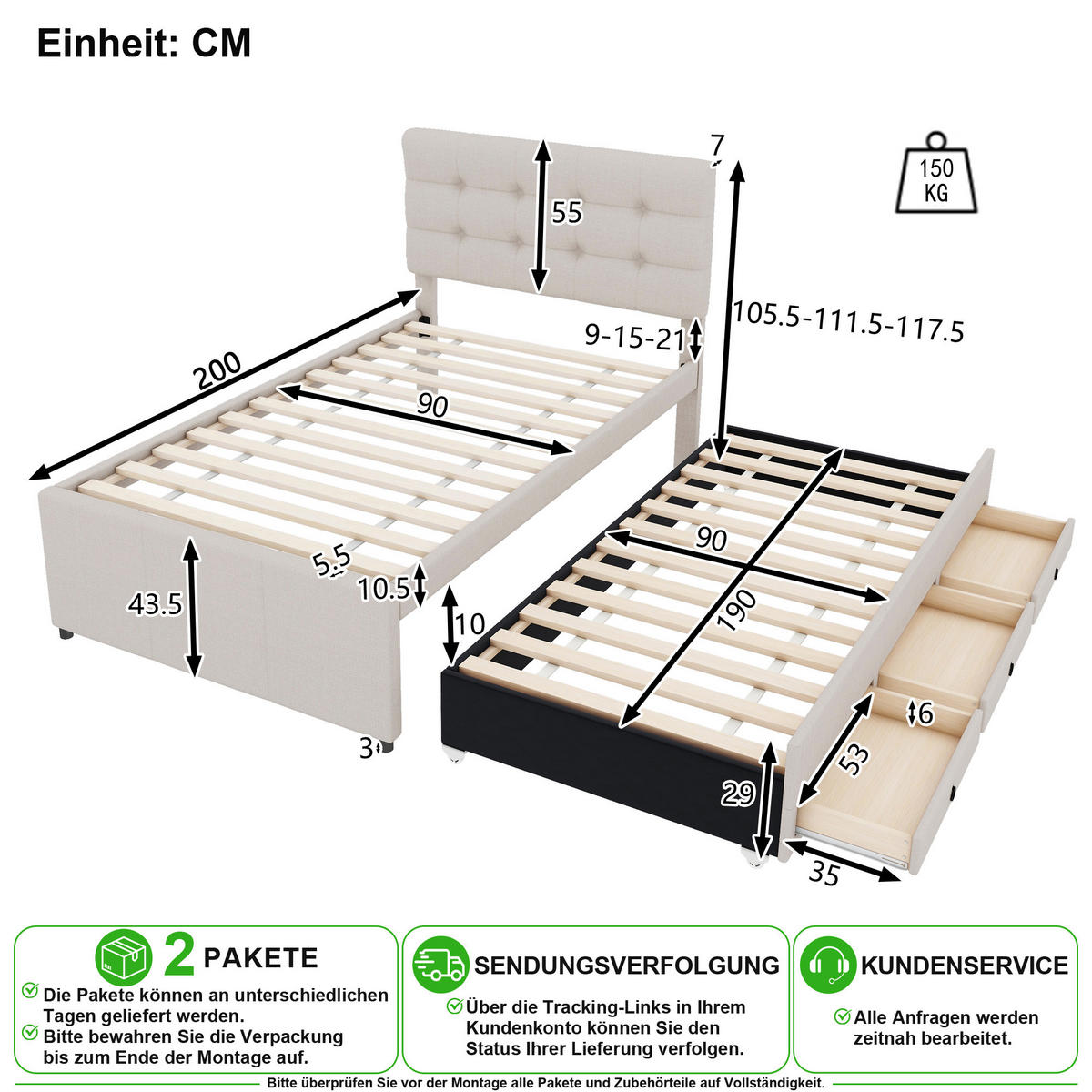 POLSTERBETT 90/200 cm & 90/190 cm in Beige mit 3 Schubladen und Ausziehbett Leinen - Beige, Holzwerkstoff/Textil (90/200cm) - CHICFURN