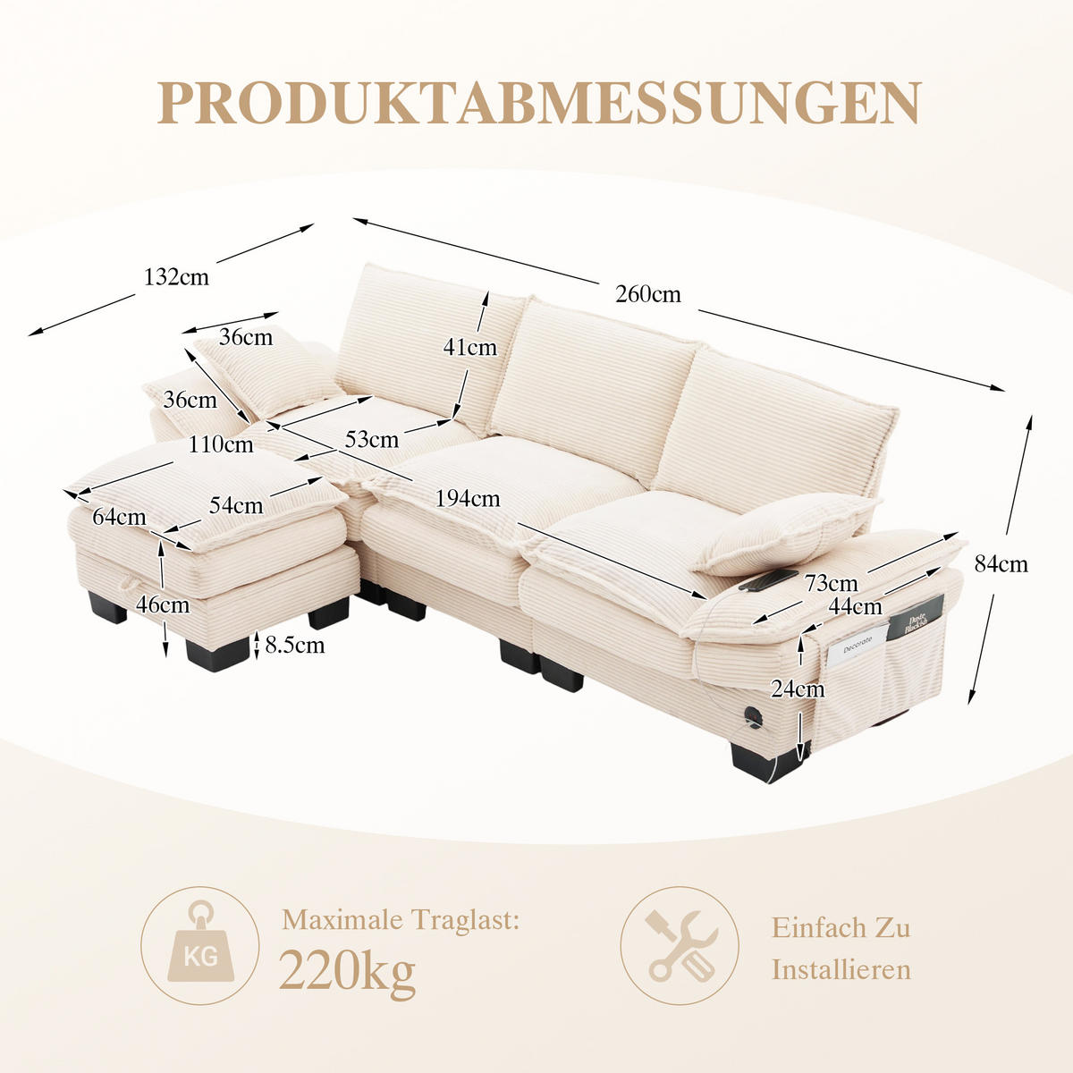 3-SITZER Sofa aus Cord 260x132x84 cm mit USB-C & Seitentaschen, beige - Beige, Textil (132/84/260cm)