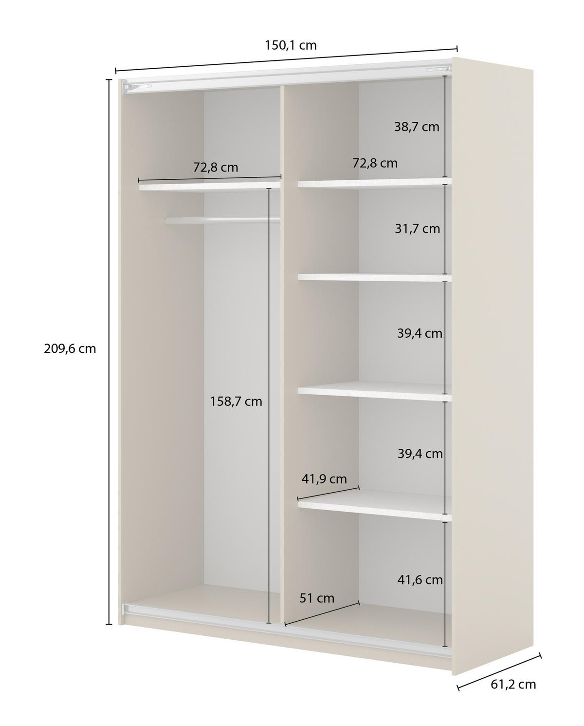 SCHWEBETÜRENSCHRANK VANTE 150/210/62 cm 2-türig Beige - Beige, Holzwerkstoff (150/210/62cm) - MASSENO
