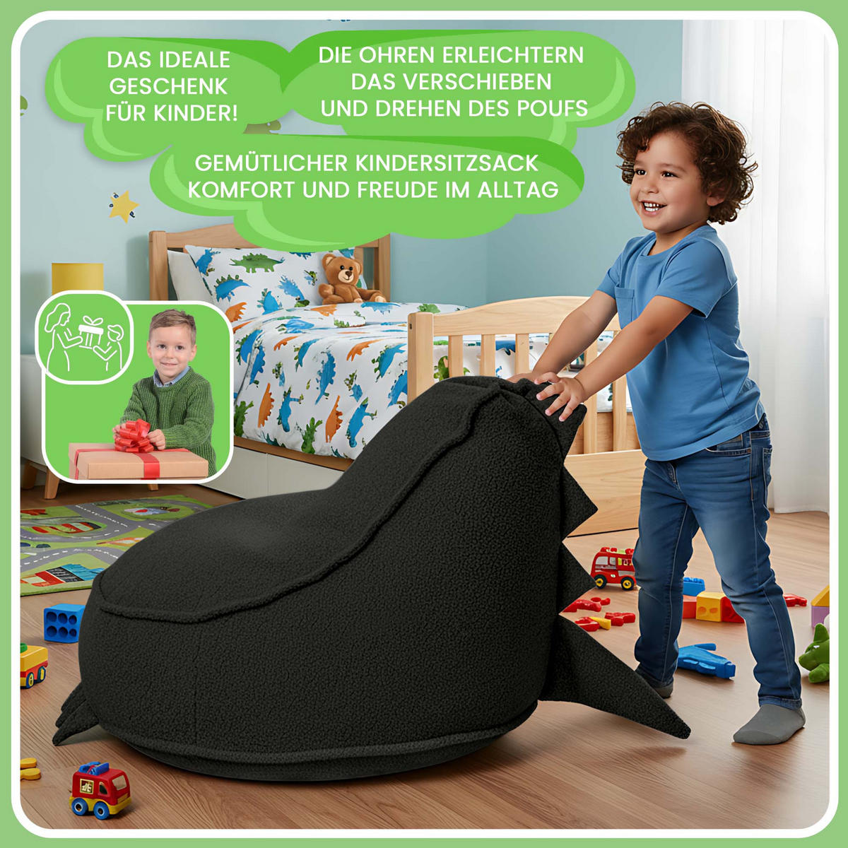 SITZSACK FÜR KINDER Dino 75/75/55 cm, weicher Bouclé 315 g/m², abnehmbarer Bezug, Steel Grey - Dunkelgrau, Textil (75/55/75cm) - Dreamroots