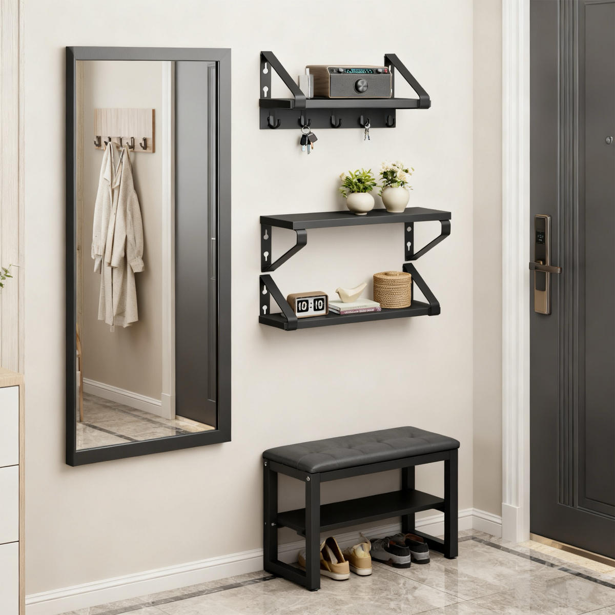 WANDREGAL-SET - Schwarz, Holzwerkstoff/Metall (40/11/12cm) - Relaxdays