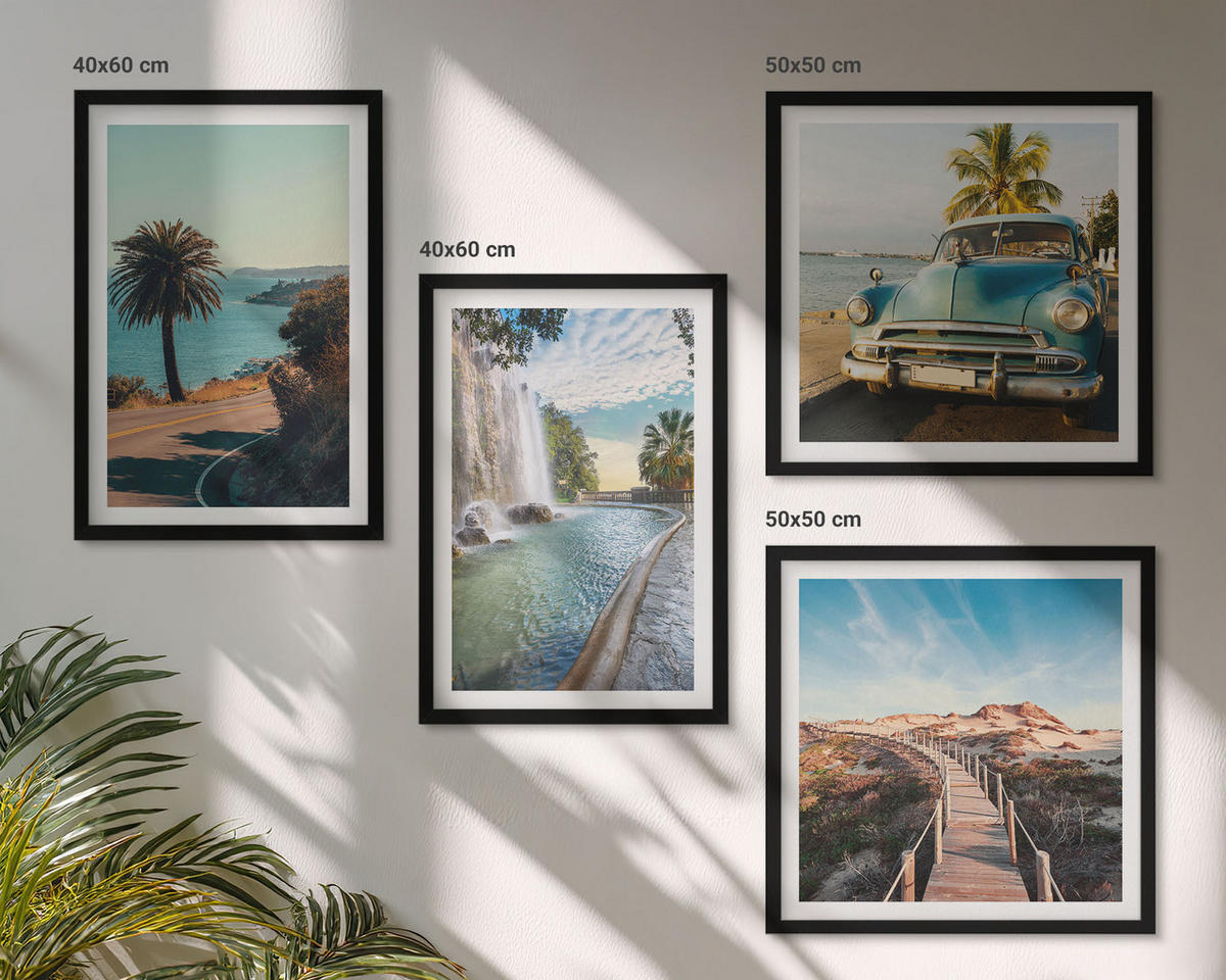 BILDER SET 4er Set - 50x50 cm & 40x60 cm Schwarzer Rahmen - Urlaub Palmen Wasserfall - Schwarz, Kunststoff (50/50cm) - TULUP
