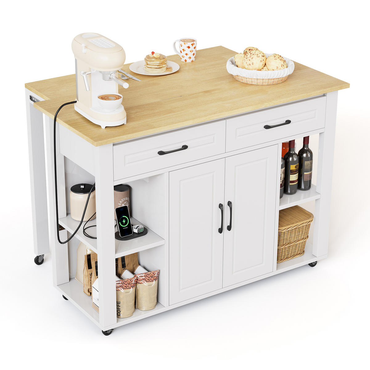 KÜCHENINSEL 120/77/93 cm weiß/natur mit ausziehbarer Bartheke - Weiß, Holzwerkstoff (120/93/77cm) - OKWISH