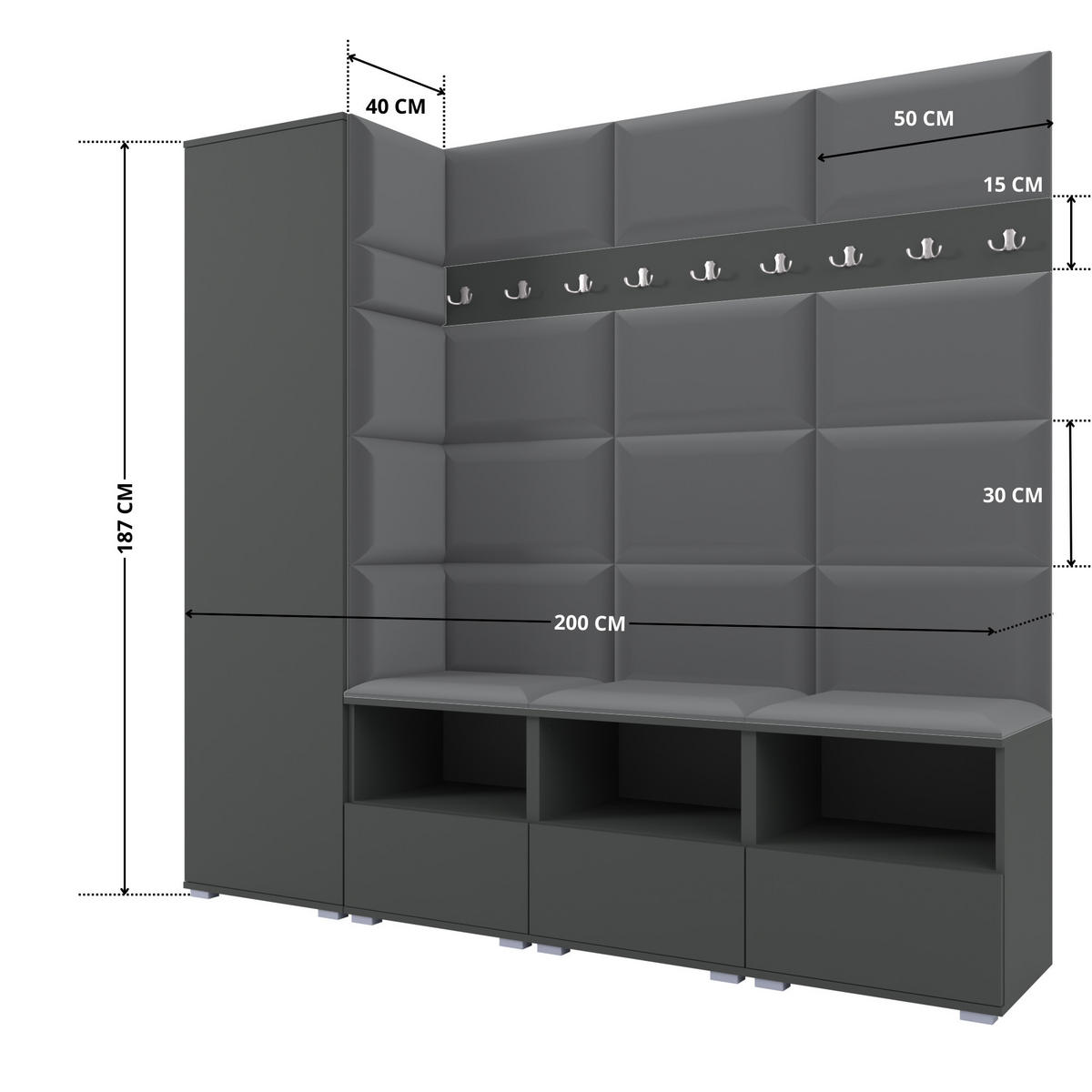GARDEROBE NELA IX 200 cm (Modulare Flurmöbel Graphit mit Sitzpolster Dunkelgrau 15 Breite Sitzbank) - Dunkelgrau/Silberfarben, Holz/Holzwerkstoff (200/187/40cm) - Ravio