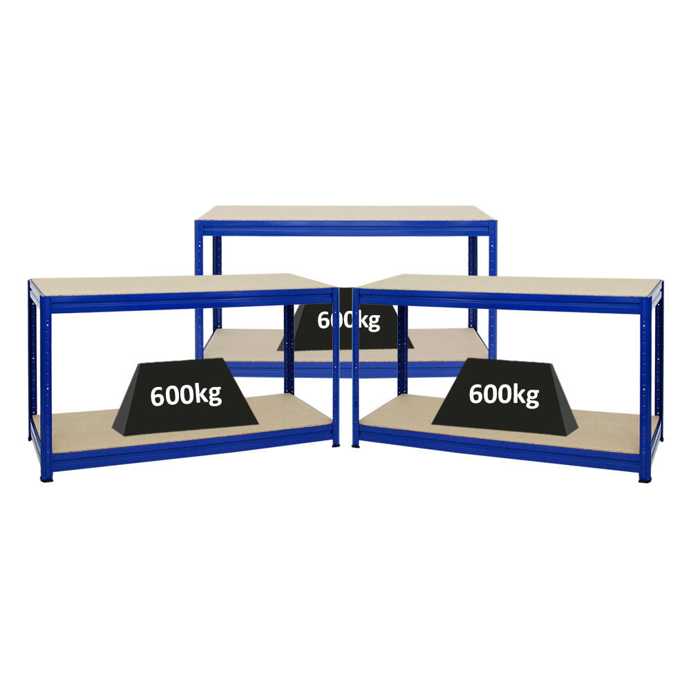 WERKBANK Dino 3er-Set mit 3x höhenverstellbar 90x160x60 cm Traglast 600 kg Blau - Blau, Metall (480/90/60cm) - PROREGAL