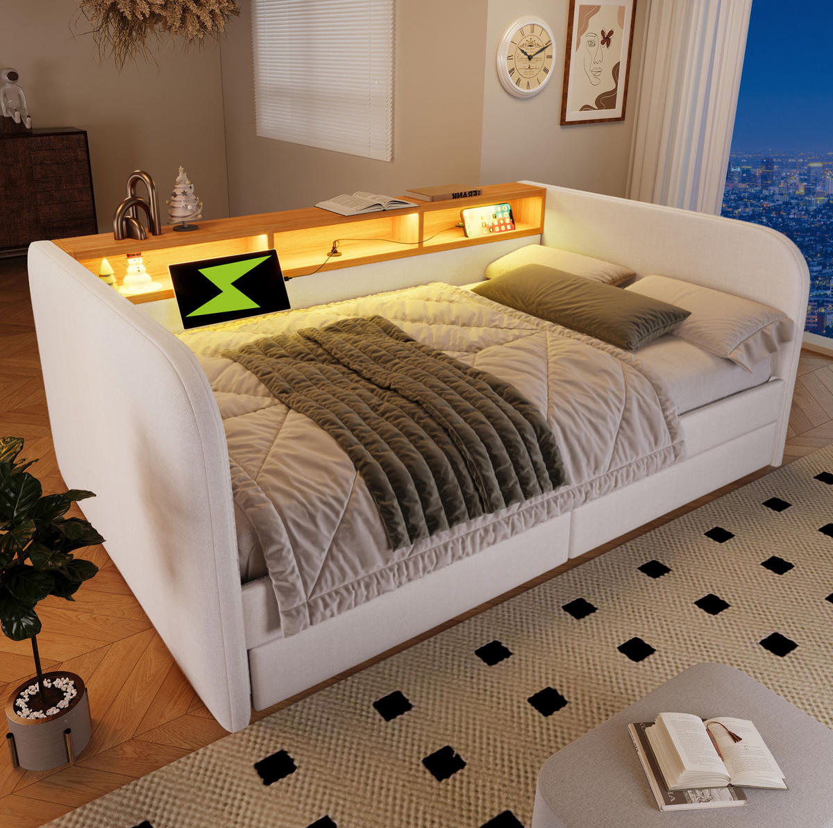 POLSTERBETT 140/190 cm Beige aus Leinen mit LED und Schubladen - Beige, Textil (140/190cm) - OKMYHOME